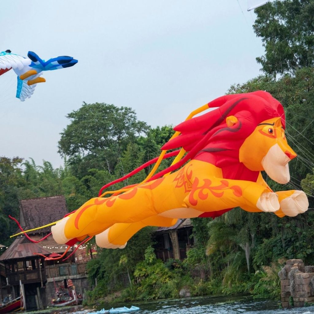 Closeup of Lion King themed kites from the Animal Kingdom show, Disney KiteTails.