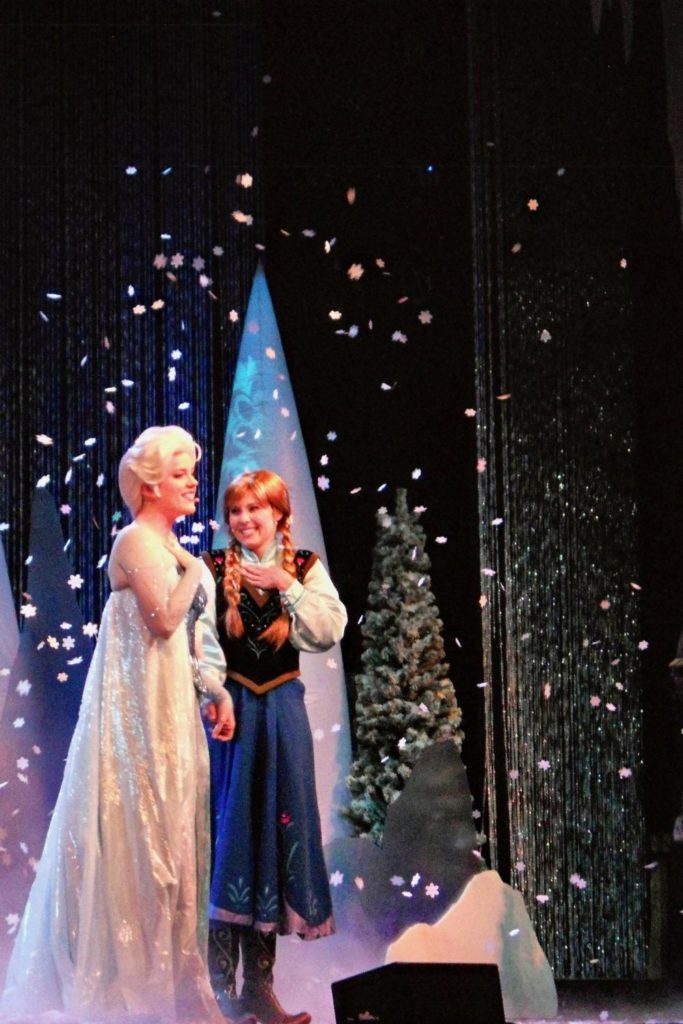 Photo of Princesses Anna & Elsa at the Frozen Sing Along show at Disney World's Hollywood Studios.