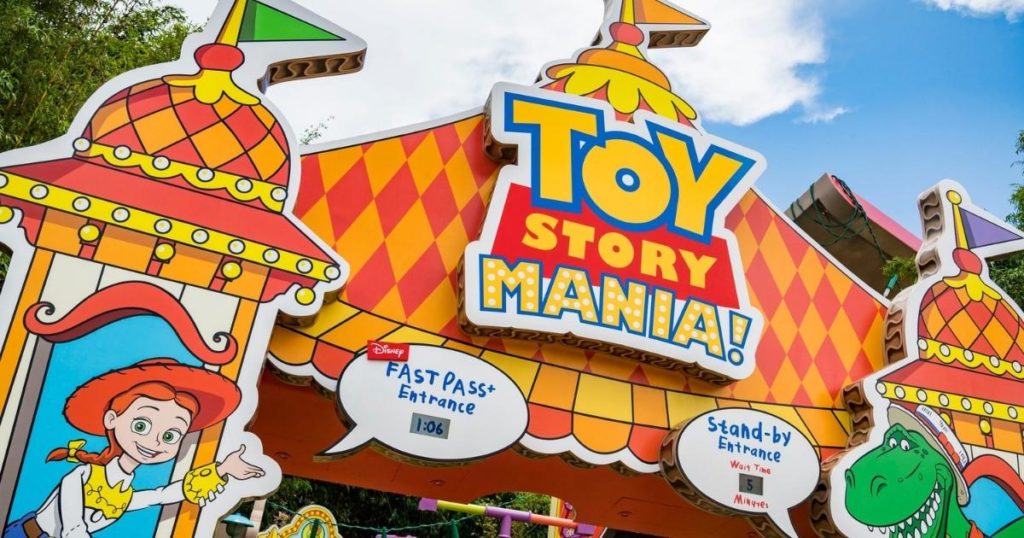 Photo of the Toy Story Mania! ride entrance at Disney World's Hollywood Studios.