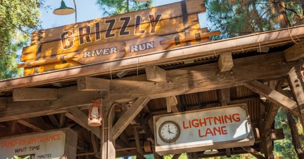 Closeup of the entrance to Grizzly River Run standby and lightning lane entrances at Disneyland in California.