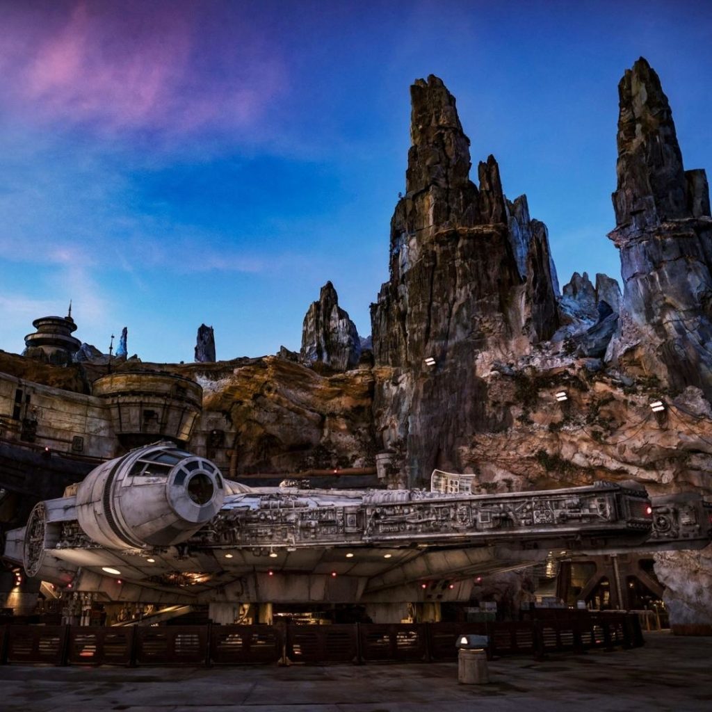 Photo of a replica of the Millennium Falcon space ship at Star Wars: Galaxy's Edge at Hollywood Studios in Florida.