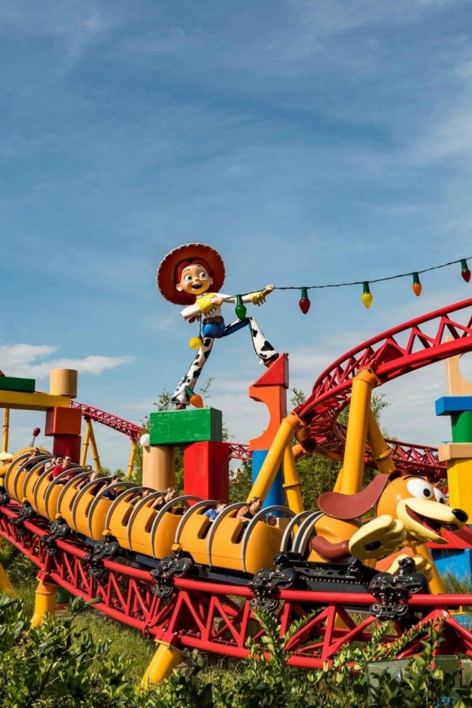 Closeup of the Slinky Dog Dash roller coaster at Hollywood Studios