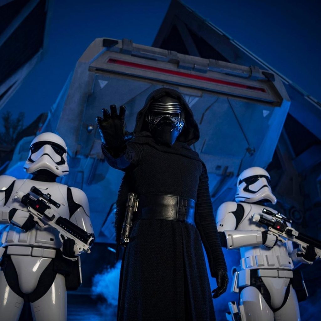 Photo of Kylo Ren flanked by Stormtroopers at Star Wars: Rise of the Resistance.