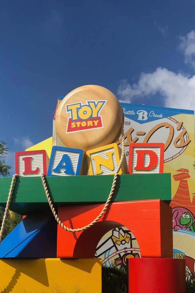 Photo of giant colorful blocks and a big yo-yo outside the entrance to Toy Story Land at Hollywood Studios