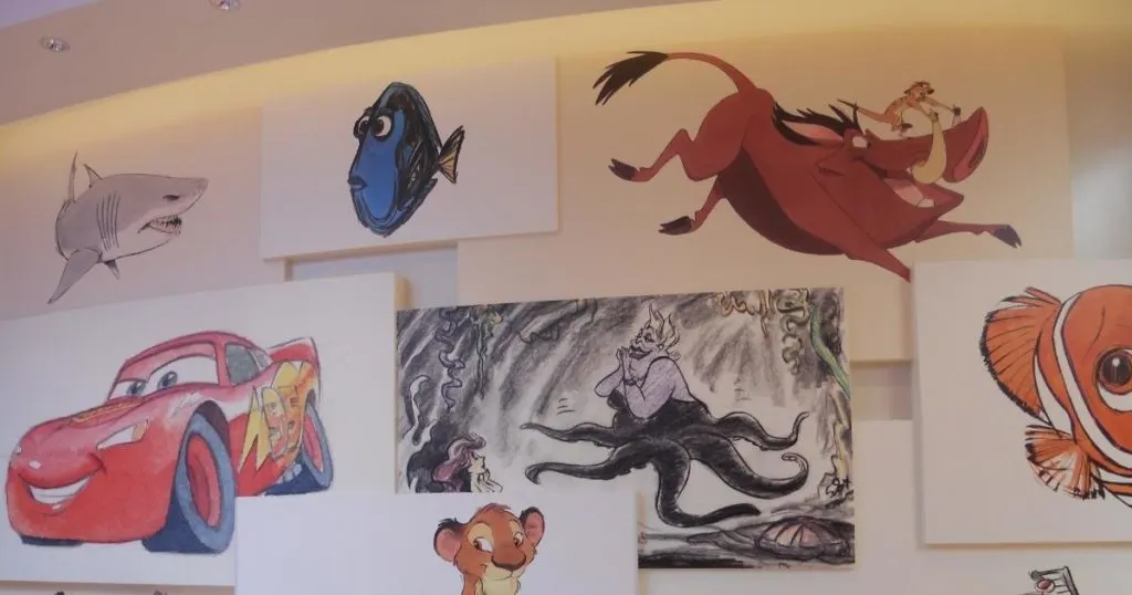 Photo of animation sketches of Disney and Pixar characters at the Art of Animation Resort.