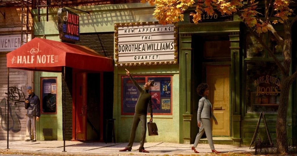 Animated still from the Disney and Pixar movie, Soul, with Joe pointing to a sign outside a Jazz club.