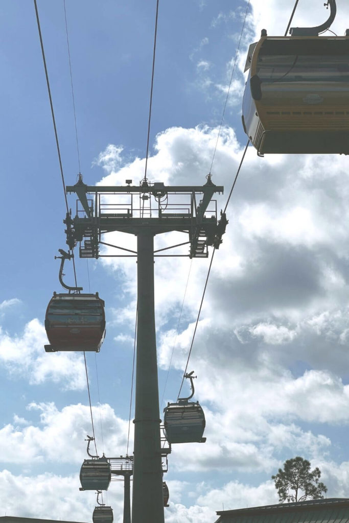 Photo from beneath the Disney Skyliner with cabins floating above.