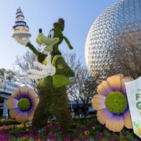 Photo of the entrance to Disney World's Epcot with a Goofy topiary and sign for the Epcot International Flower & Garden Festival.