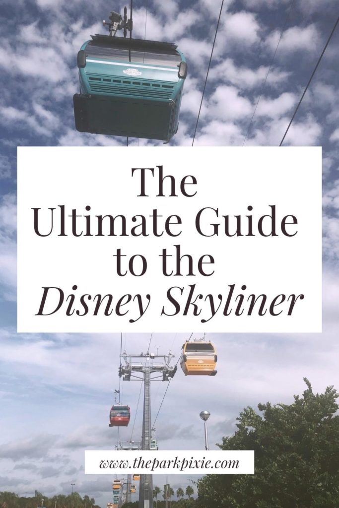 Photo of the Disney Skyliner gondolas floating through the sky.