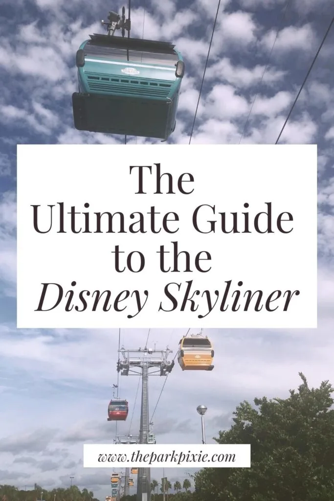 Photo of the Disney Skyliner gondolas floating through the sky.
