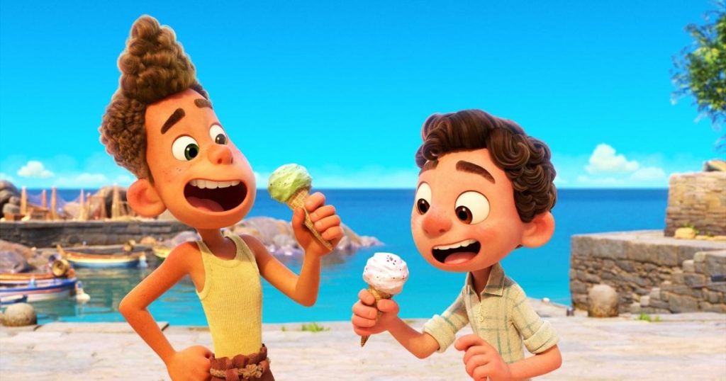 Promotional still from Disney & Pixar's Luca featuring Alberto & Luca eating cones of gelato.