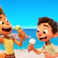 Promotional still from Disney & Pixar's Luca featuring Alberto & Luca eating cones of gelato.