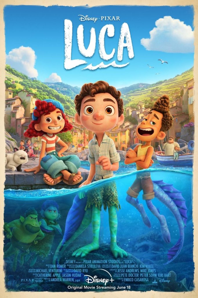 Promotional poster for Disney & Pixar's Luca with various characters featured.