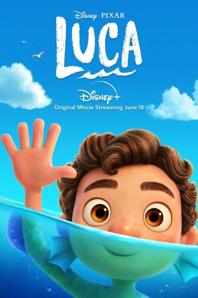 Promotional poster for Disney & Pixar's Luca featuring the character Luca