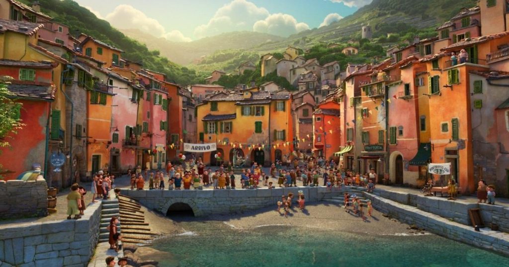 Promotional still from Disney & Pixar's Luca featuring the fictional town of Portorosso.