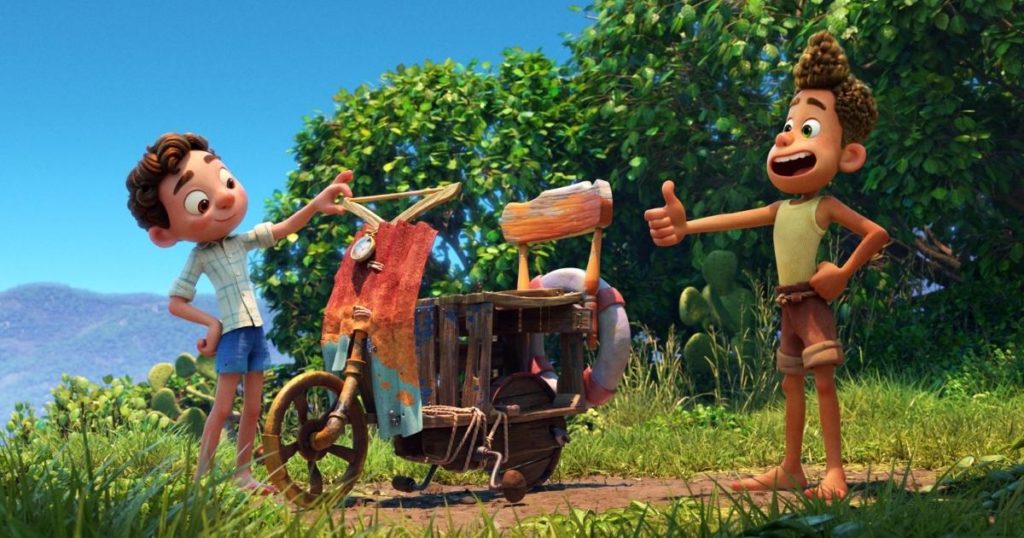 Promotional still from Disney & Pixar's Luca featuring Alberto & Luca admiring their home-built Vespa-like scooter.