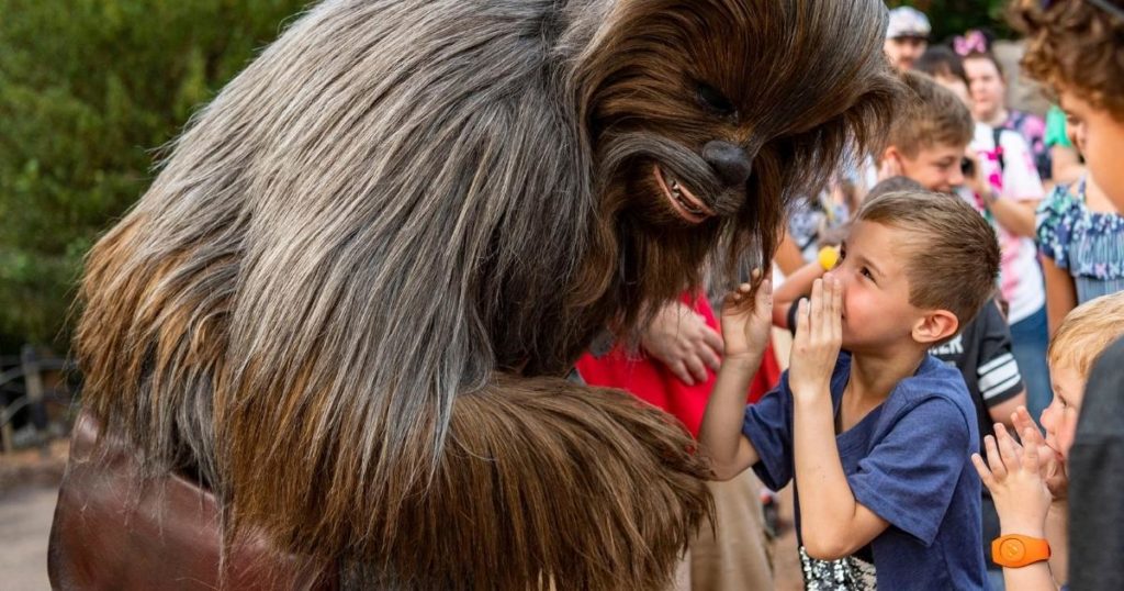 Photo of 2 boys meeting Chewbacca at Disney World, 1 with an orange MagicBand on his wrist.