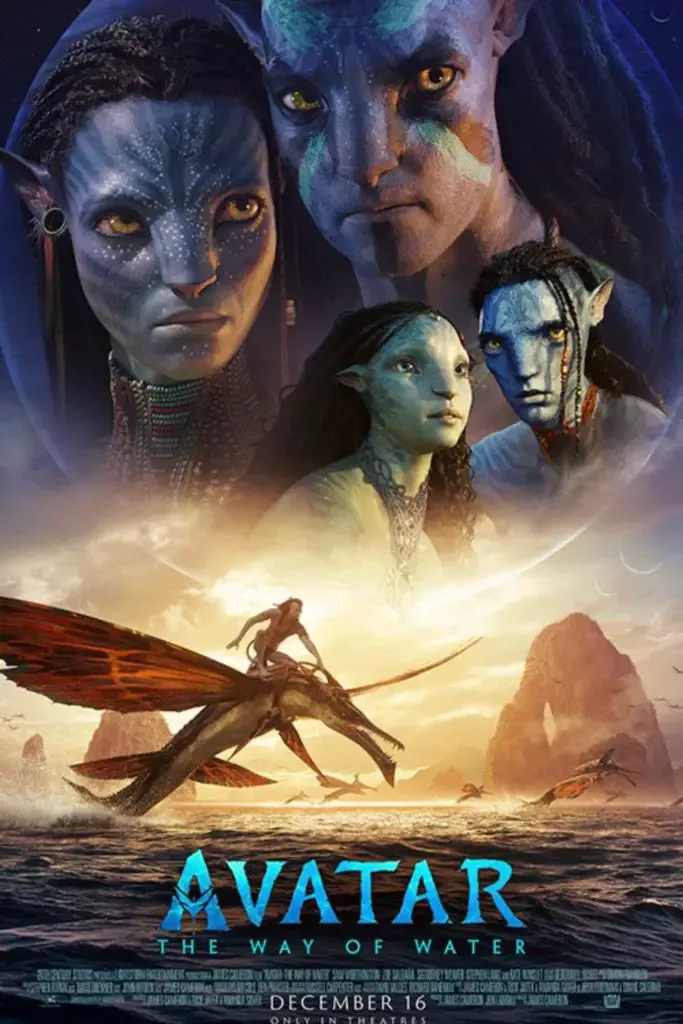 Promotional poster for Avatar: The Way of Water with several Na'vi people and banshees in the image.