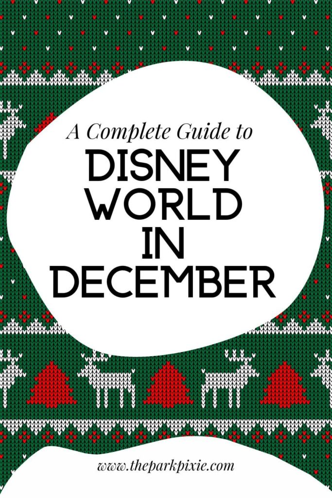 Graphic with a red, white, and green pixelated fair isle style Christmas themed print. Text in the middle reads "A Complete Guide to Disney World in December."