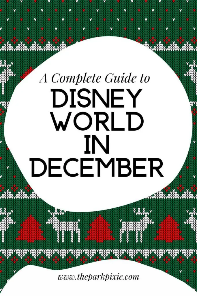 Graphic with a red, white, and green pixelated fair isle style Christmas themed print. Text in the middle reads "A Complete Guide to Disney World in December."