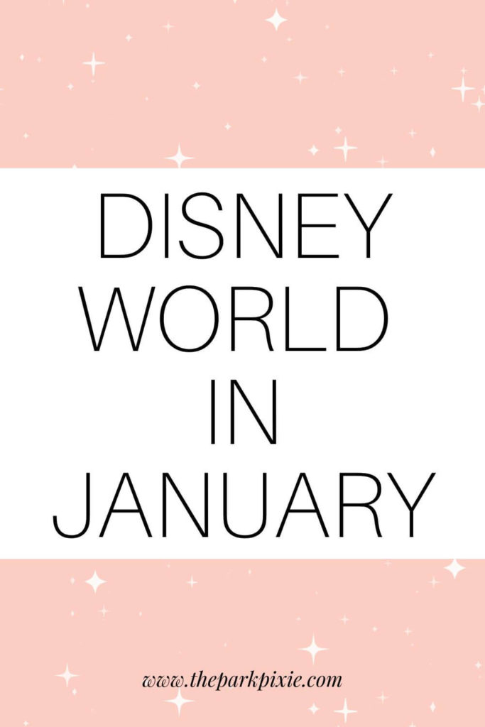 Graphic with a pink background and white sparkles and a castle icon. Text below the icon reads "Disney World in January."