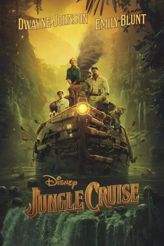 Promotional poster for Disney's Jungle Cruise with an image of Emily Blunt, Dwayne Johnson, Jack Whitehall, and a jungle cat perched on a dilapidated boat in a river.