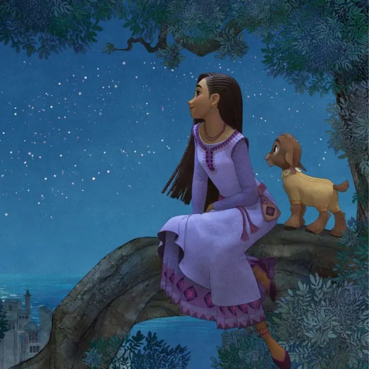 Still from Disney's animated film, Wish, featuring the main character and a baby goat.