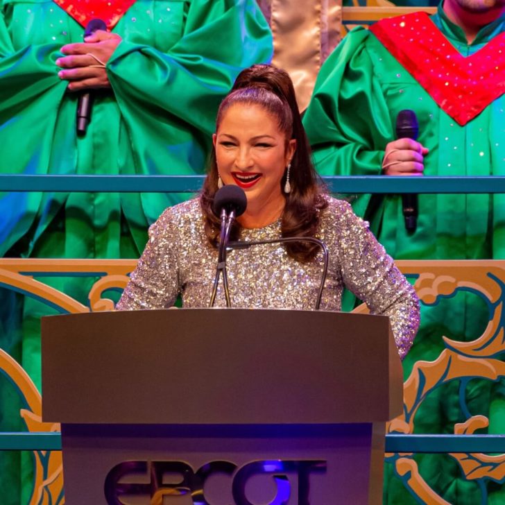 Closeup of Gloria Estefan narrating the Epcot Candlelight Processional show.