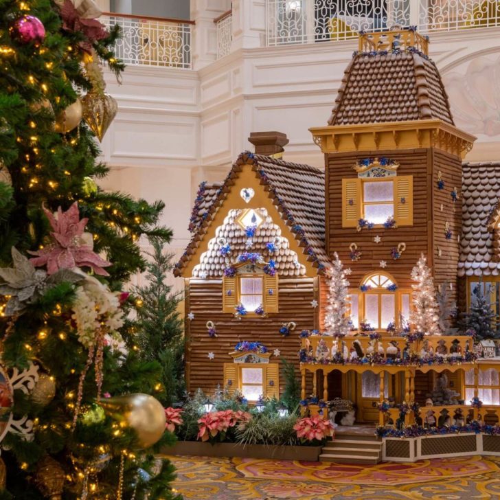 Photo of a large, elaborate gingerbread house at Disney World's Grand Floridian Resort & Spa, an annual tradition that appears in November and December.