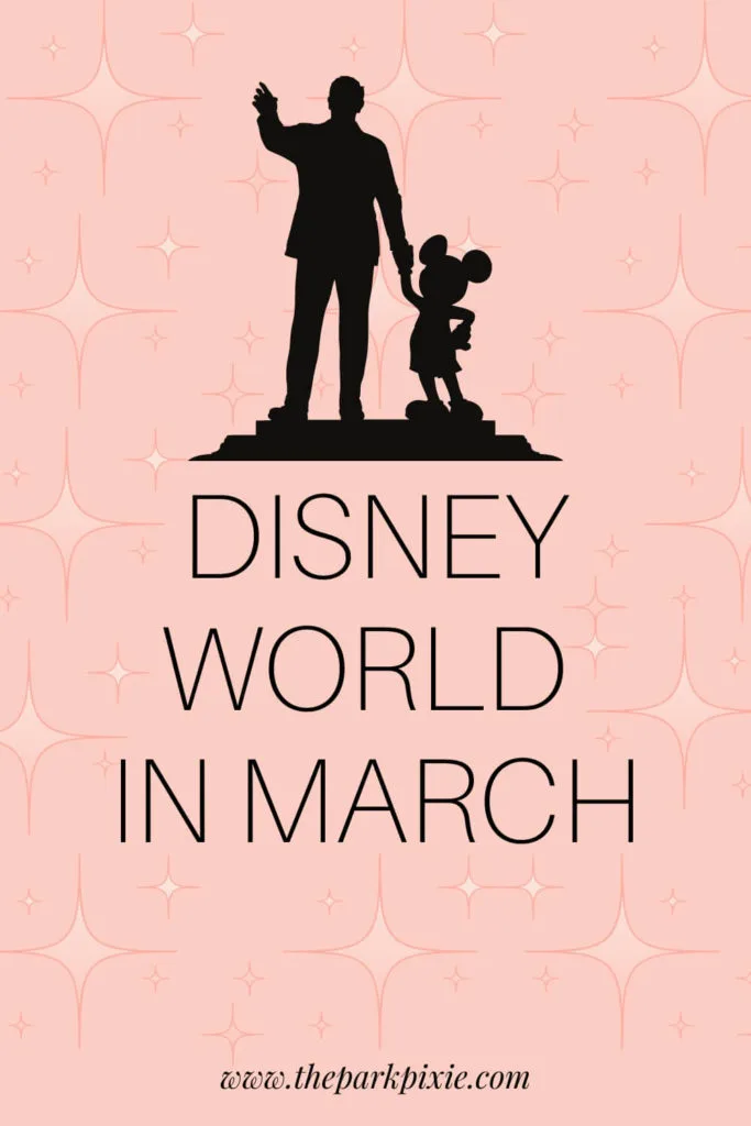 Graphic with a pink background with retro starburst print. Text below the graphic says "Disney World in March."