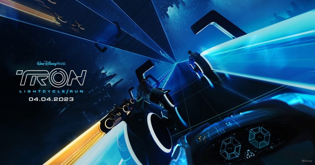 Graphic with an artist rendition of the TRON Lightcycle / Run roller coaster at Magic Kingdom. Text on the left of the graphic reads "Walt Disney World TRON Lightcycle / Run 04.04.2023."