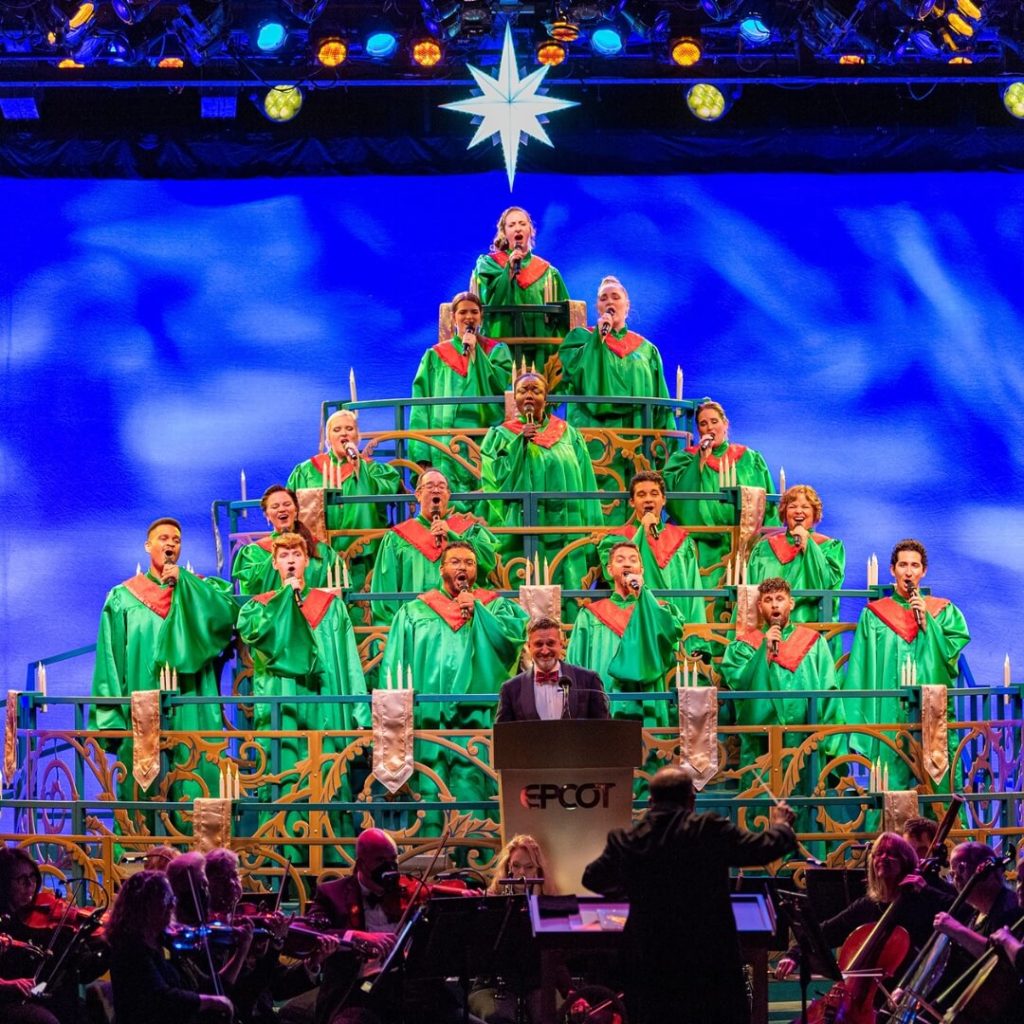 Photo of the choir singing at the Epcot Candlelight Processional show.