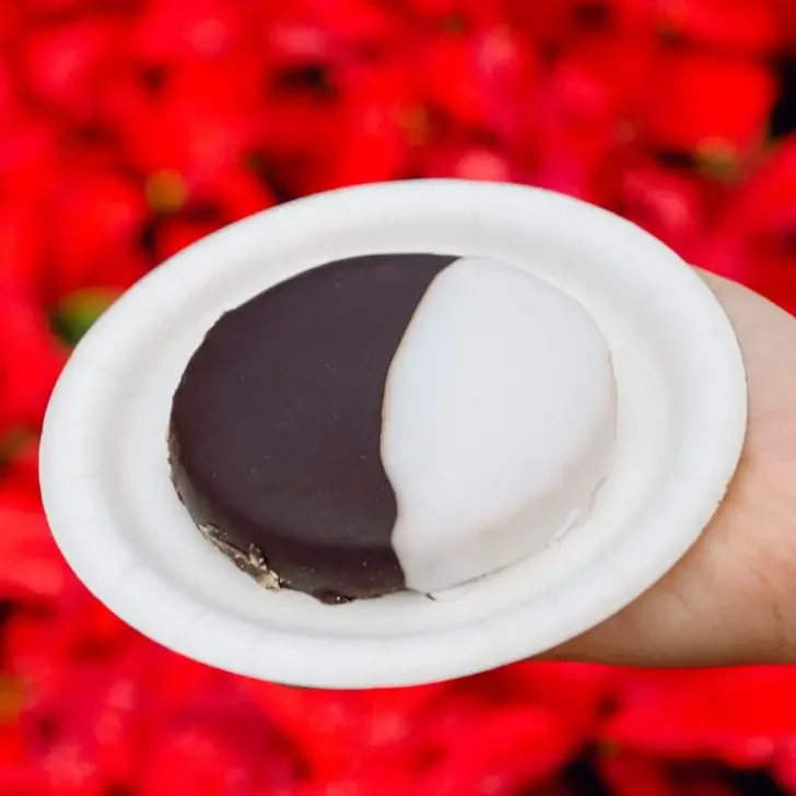 Closeup of a Black & White cookie on a plate.