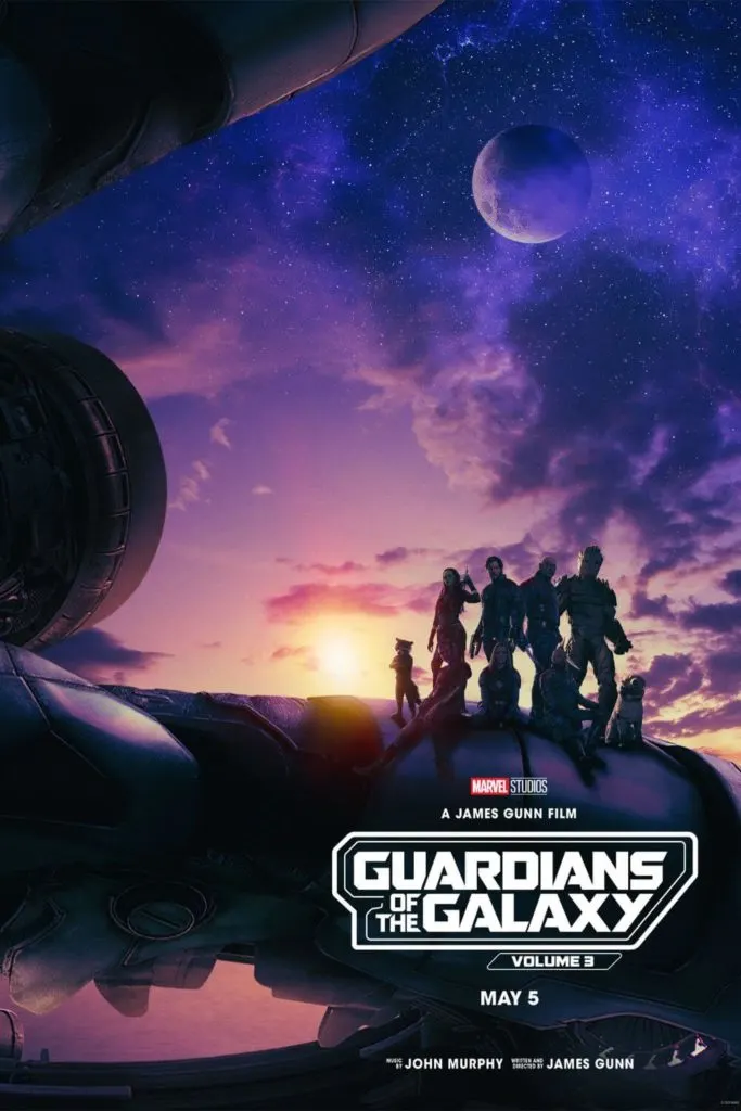 Promotional poster for Marvel Studios' Guardians of the Galaxy showing some of the main characters, such as Starlord, Rocket, Groot, Drax, and Mantis, sitting on a spaceship with a starry sky in the background.