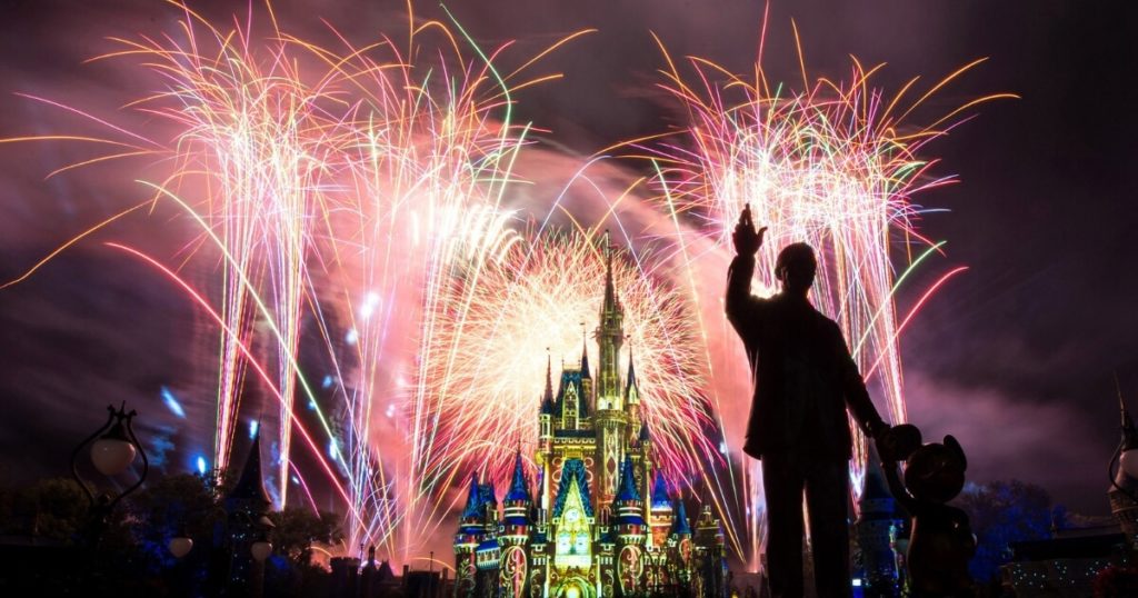 Artist rendition of the updated version of Happily Ever After fireworks nighttime show at Magic Kingdom, with the silhouette of the Walt Disney and Mickey Mouse statue in the foreground.