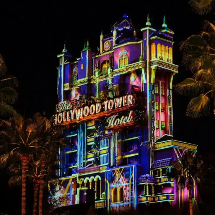 Photo of the Hollywood Tower of Terror at Disney's Hollywood Studios at night.
