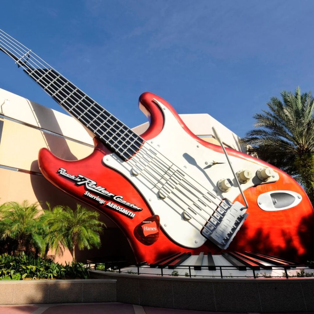 Closeup of the giant red guitar outside the Rock 'n' Roller Coaster Starring Aerosmith at Disney's Hollywood Studios.