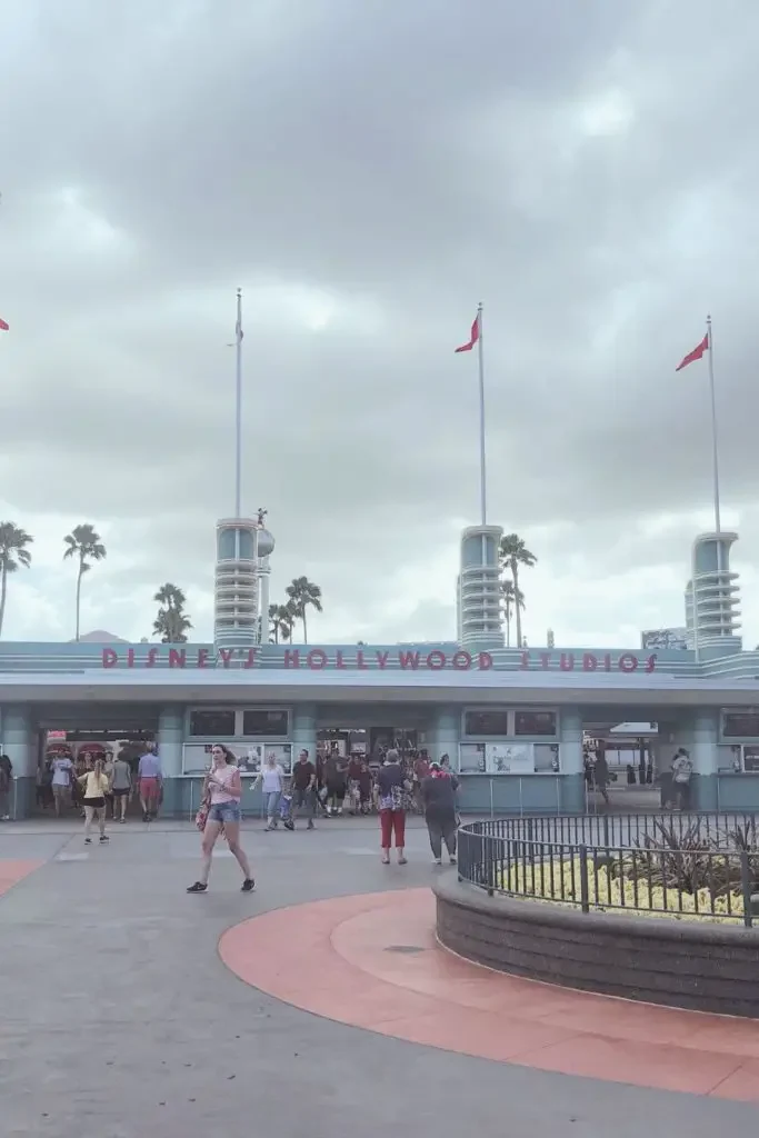 Photo of the main entrance for Disney's Hollywood Studios with cloudy skies.
