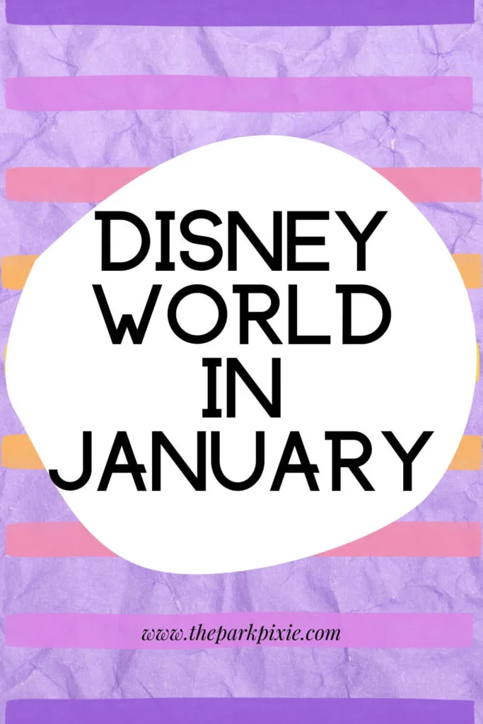 Graphic with crumpled purple paper and purple, pink, and yellow paint stripes. Text in the middle reads "Disney World in January."