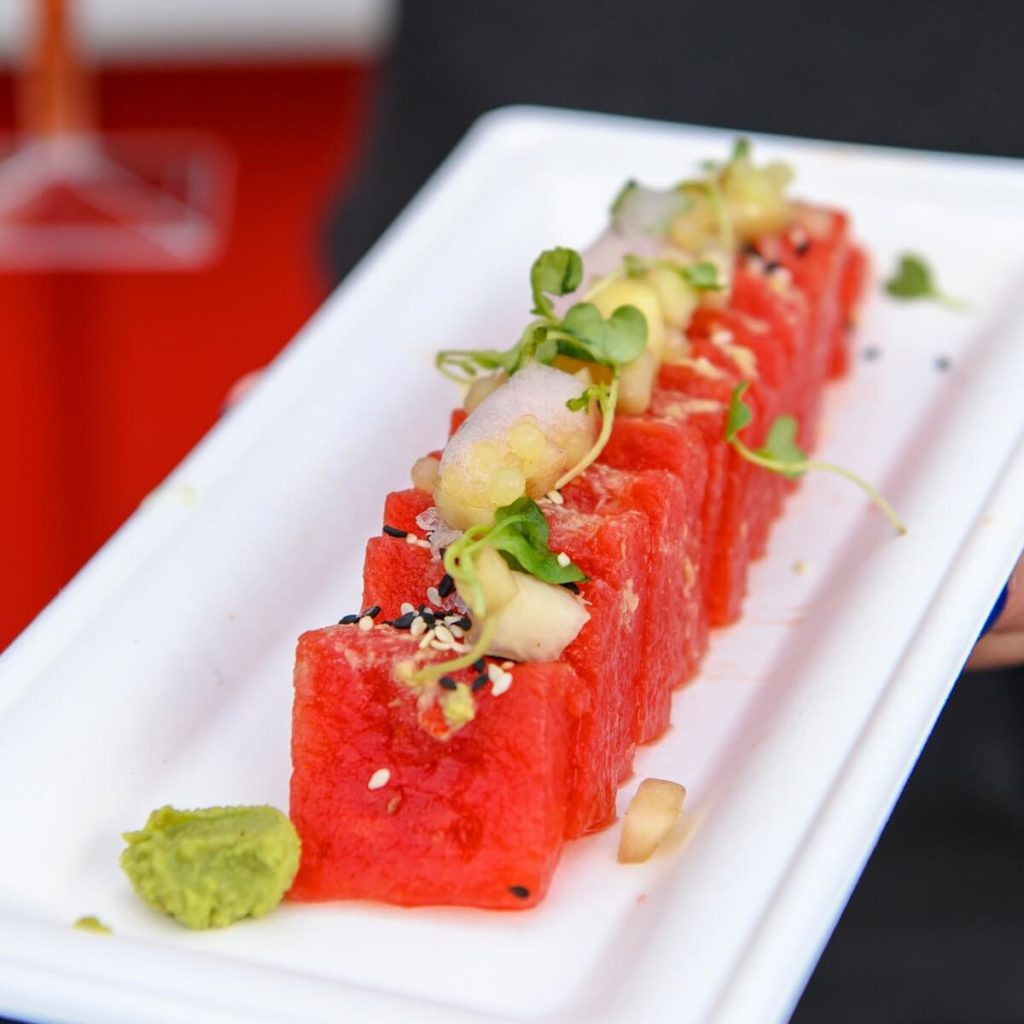 Closeup of a modern watermelon salad from Moderne at the Epcot Festival of the Arts.