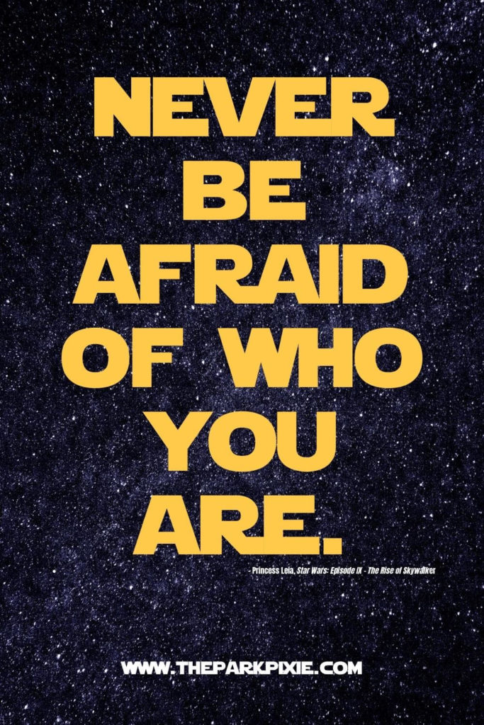 Graphic with a starry background and text that says "Never be afraid of who you are."