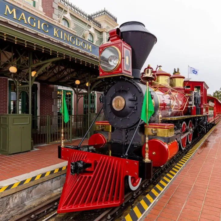 Photo of the Walt Disney World Railroad train stopped at the Magic Kingdom main station.