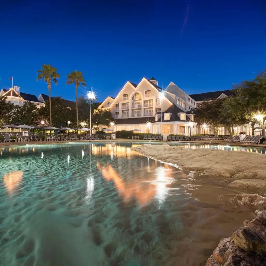Photo of Stormalong Bay at night at the Yacht & Beach Club Resorts.