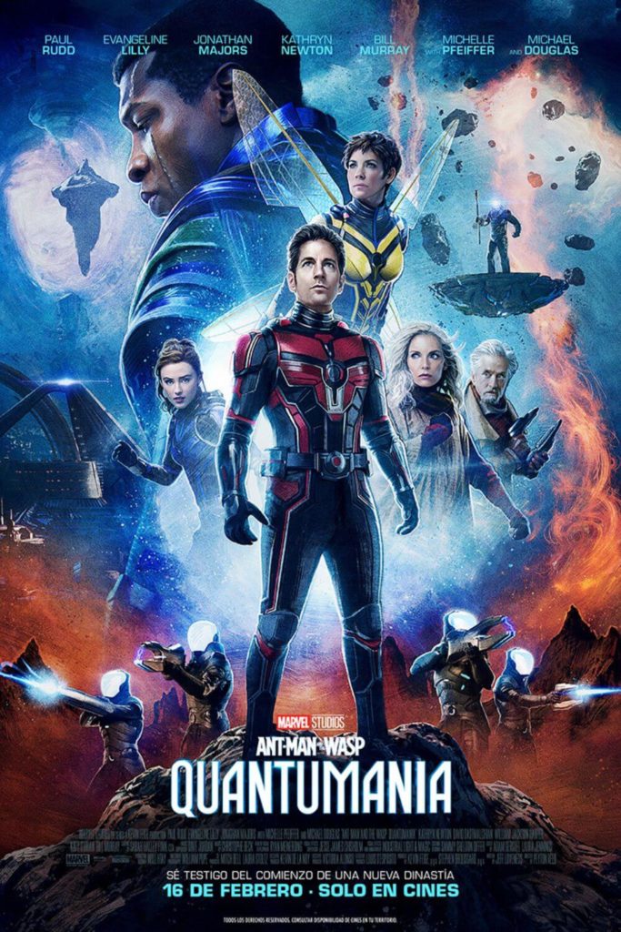 Promotional poster for the movie "Ant-Man and the Wasp: Quantumania" with Ant-Man and the Wasp in the middle and other characters, such as Cassie, Janet, Dr. Hank Pym, and Kang the Conqueror, surrounding them.