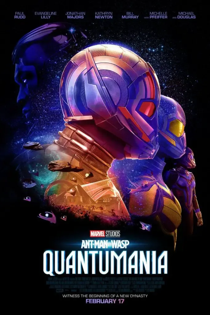 Promotional poster for the movie "Ant-Man and the Wasp: Quantumania" featuring holographic-colored montage of the main characters.