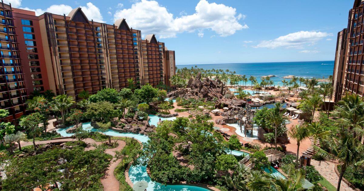 Photo of the pool complex at Aulani from the lobby balcony.
