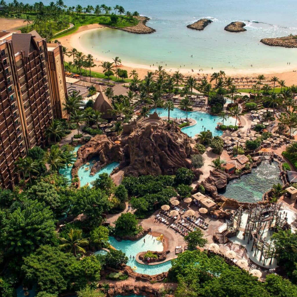 Aerial view of the Aulani property, including the pool, lazy river, snorkeling reef, and beach lagoon.