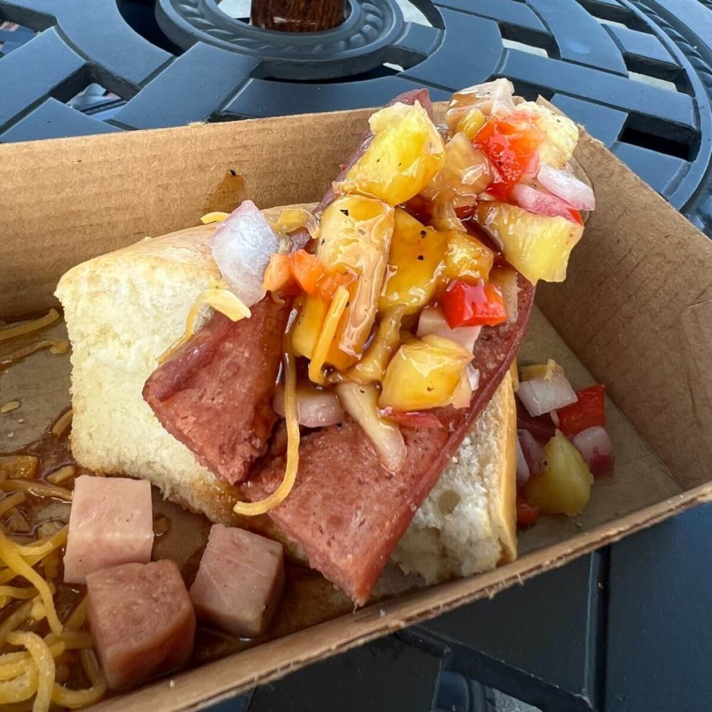 Photo of the Hawaiian Dog with pineapple relish from BB Wolf's Sausage Co.