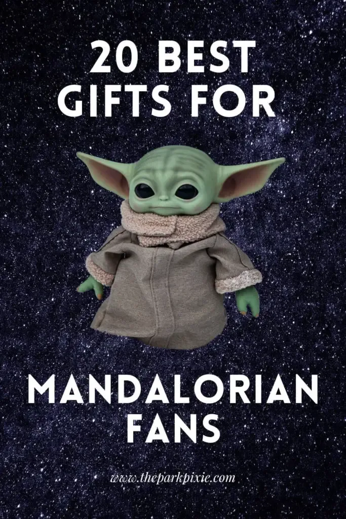 Photo of a dark green to dark blue starry sky. Text overlay reads: 20 Best Gifts for Fans of The Mandalorian.