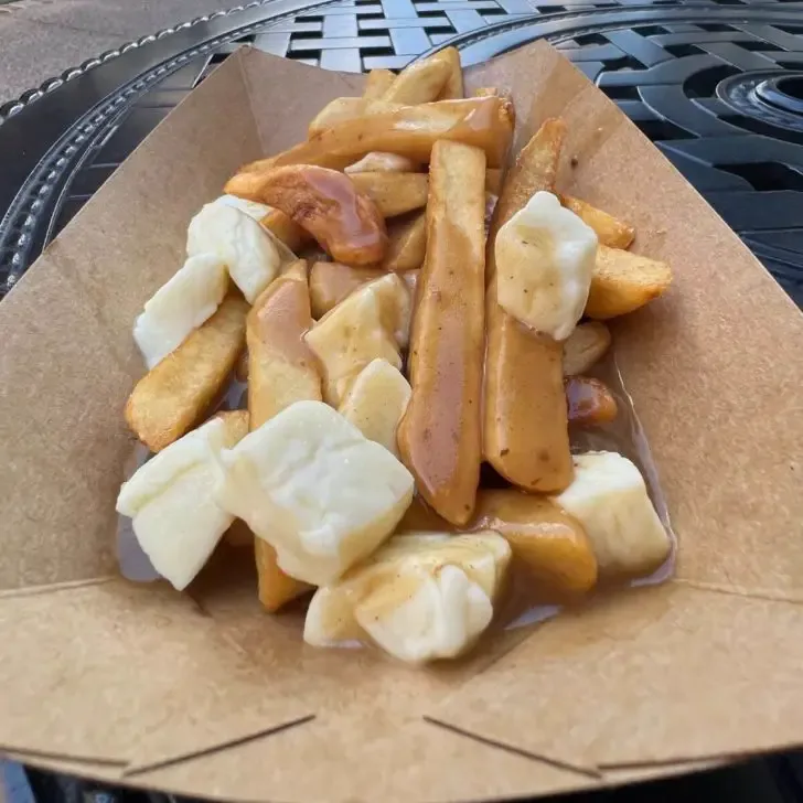 Closeup of a dish of traditional poutine with french fries, gravy, and cheese curds.